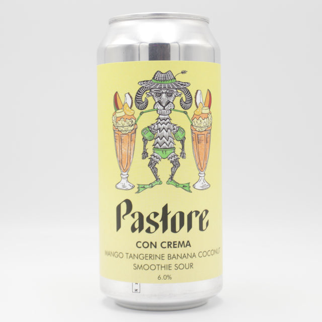This is a can of Pastore - Con Crema: Mango, Tangerine, Banana & Coconut - 6% (440ml). It is a Sour craft beer available to buy from Ghost Whale, voted London's best craft beer shop.