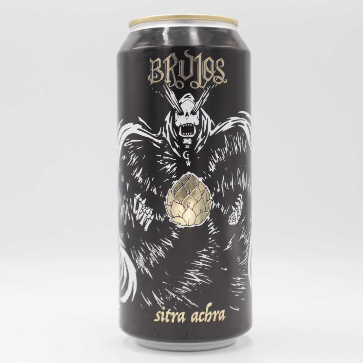 This is a can of Brujos - Sitra Achra - 9.2% (473ml). It is a Double IPA craft beer available to buy from Ghost Whale, voted London's best craft beer shop.