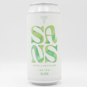 This is a can of Track - SANS: Citra & Nectaron - 0.5% (440ml). It is a IPA craft beer available to buy from Ghost Whale, voted London's best craft beer shop.