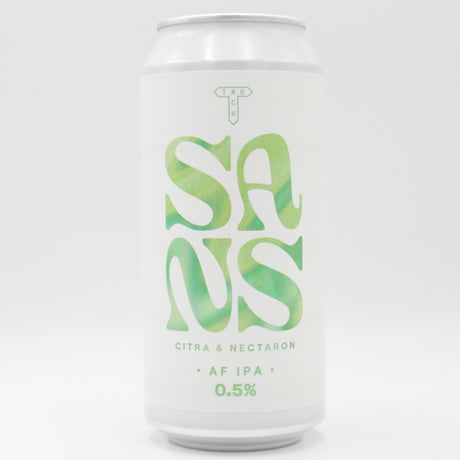 This is a can of Track - SANS: Citra & Nectaron - 0.5% (440ml). It is a IPA craft beer available to buy from Ghost Whale, voted London's best craft beer shop.