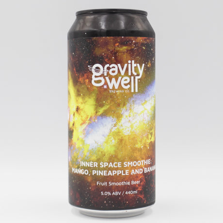This is a can of Gravity Well - Inner Space Smoothie: Mango, Pineapple and Banana - 5% (440ml). It is a Sour craft beer available to buy from Ghost Whale, voted London's best craft beer shop.