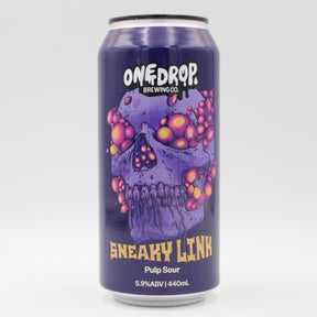 This is a can of One Drop - Sneaky Link - 5.9% (440ml). It is a Sour craft beer available to buy from Ghost Whale, voted London's best craft beer shop.