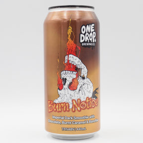 This is a can of One Drop - Burn Notice - 7.5% (440ml). It is a Imperial Stout / Porter craft beer available to buy from Ghost Whale, voted London's best craft beer shop.