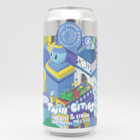 This is a can of Left Handed Giant - Twin Cities: Nelson & Strata - 5.2% (440ml). It is a Pale Ale craft beer available to buy from Ghost Whale, voted London's best craft beer shop.