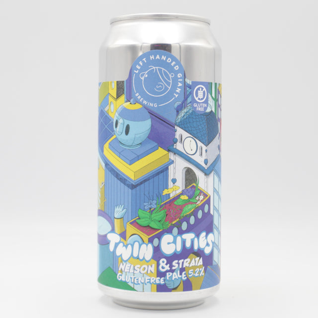 This is a can of Left Handed Giant - Twin Cities: Nelson & Strata - 5.2% (440ml). It is a Pale Ale craft beer available to buy from Ghost Whale, voted London's best craft beer shop.