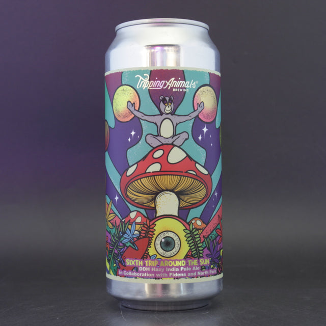 This is a can of Tripping Animals / Fidens / North Park - Sixth Trip Around the Sun - 8% (473ml). It is a Double IPA craft beer available to buy from Ghost Whale, voted London's best craft beer shop.