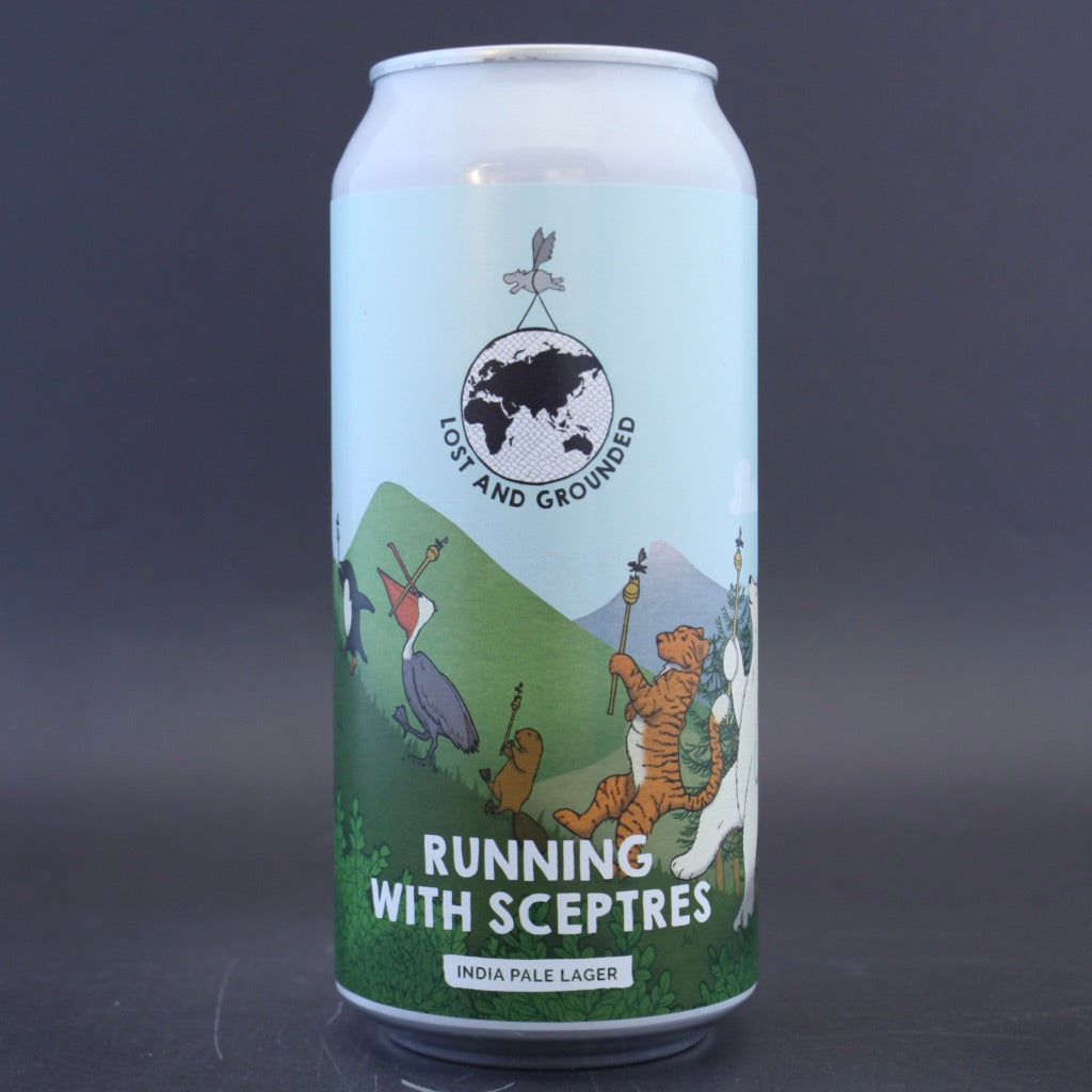 This is a can of Lost and Grounded - Running With Sceptres - 5.2% (440ml). It is a Lager / Pilsner / Kölsch craft beer available to buy from Ghost Whale, voted London's best craft beer shop.