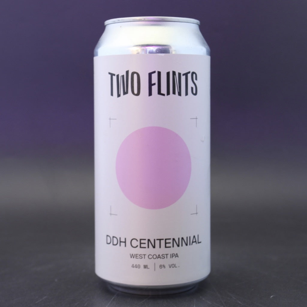 This is a can of Two Flints - DDH Centennial - 6% (440ml). It is a IPA craft beer available to buy from Ghost Whale, voted London's best craft beer shop.