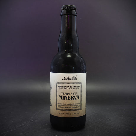 This is a bottle of Jackie O's - Bourbon Barrel Temple Of Minerva (2024 - Amburana Vanilla) - 14.1% (375ml). It is a Imperial Stout / Porter craft beer available to buy from Ghost Whale, voted London's best craft beer shop.