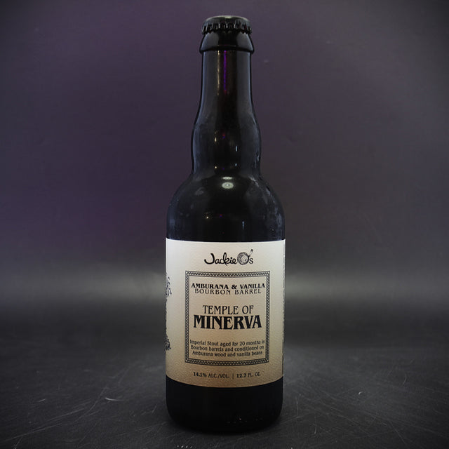 This is a bottle of Jackie O's - Bourbon Barrel Temple Of Minerva (2024 - Amburana Vanilla) - 14.1% (375ml). It is a Imperial Stout / Porter craft beer available to buy from Ghost Whale, voted London's best craft beer shop.