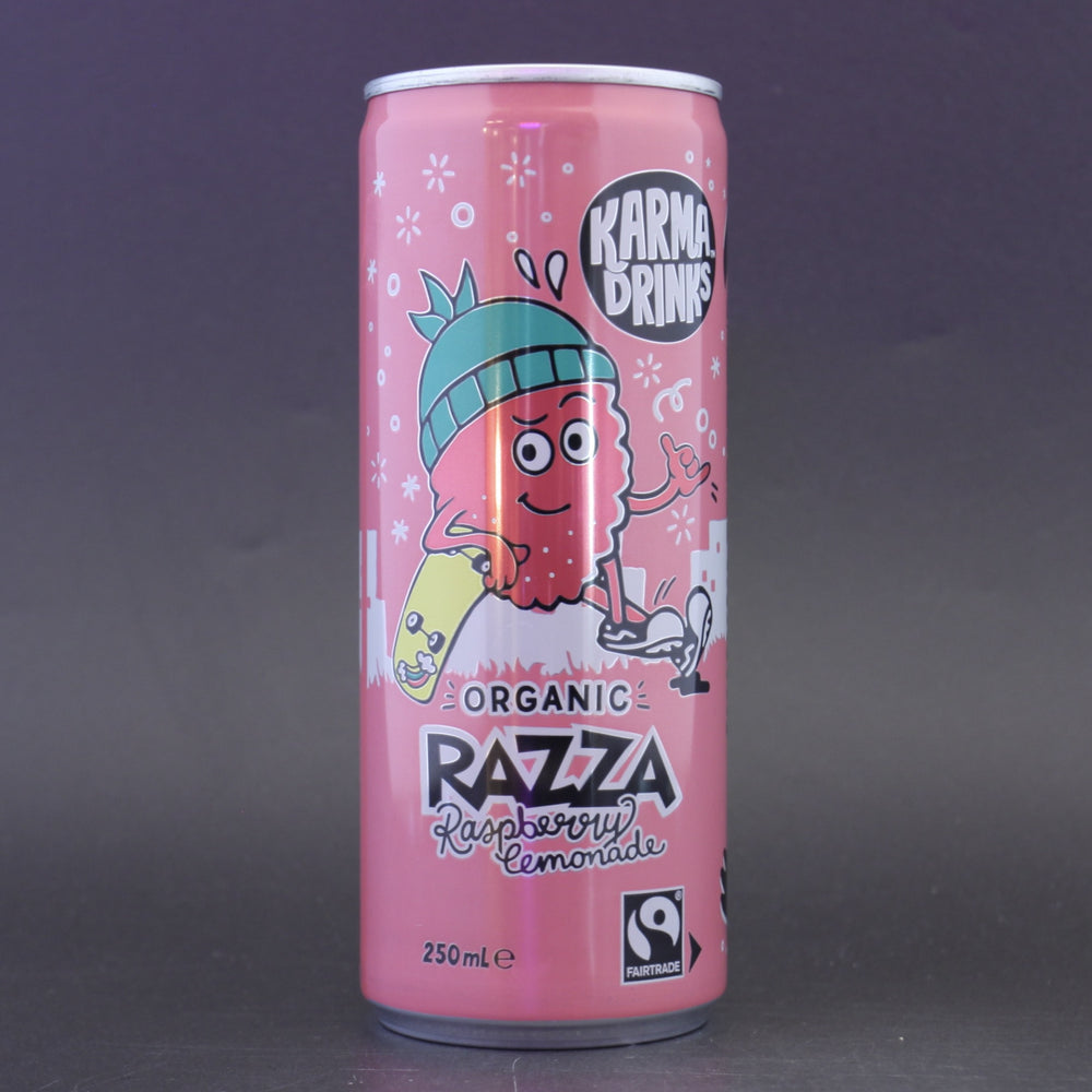 This is a can of Karma - Karma Razza Raspberry Lemonade - 0% (250ml). It is a  craft soft drink available to buy from Ghost Whale, voted London's best craft beer shop.