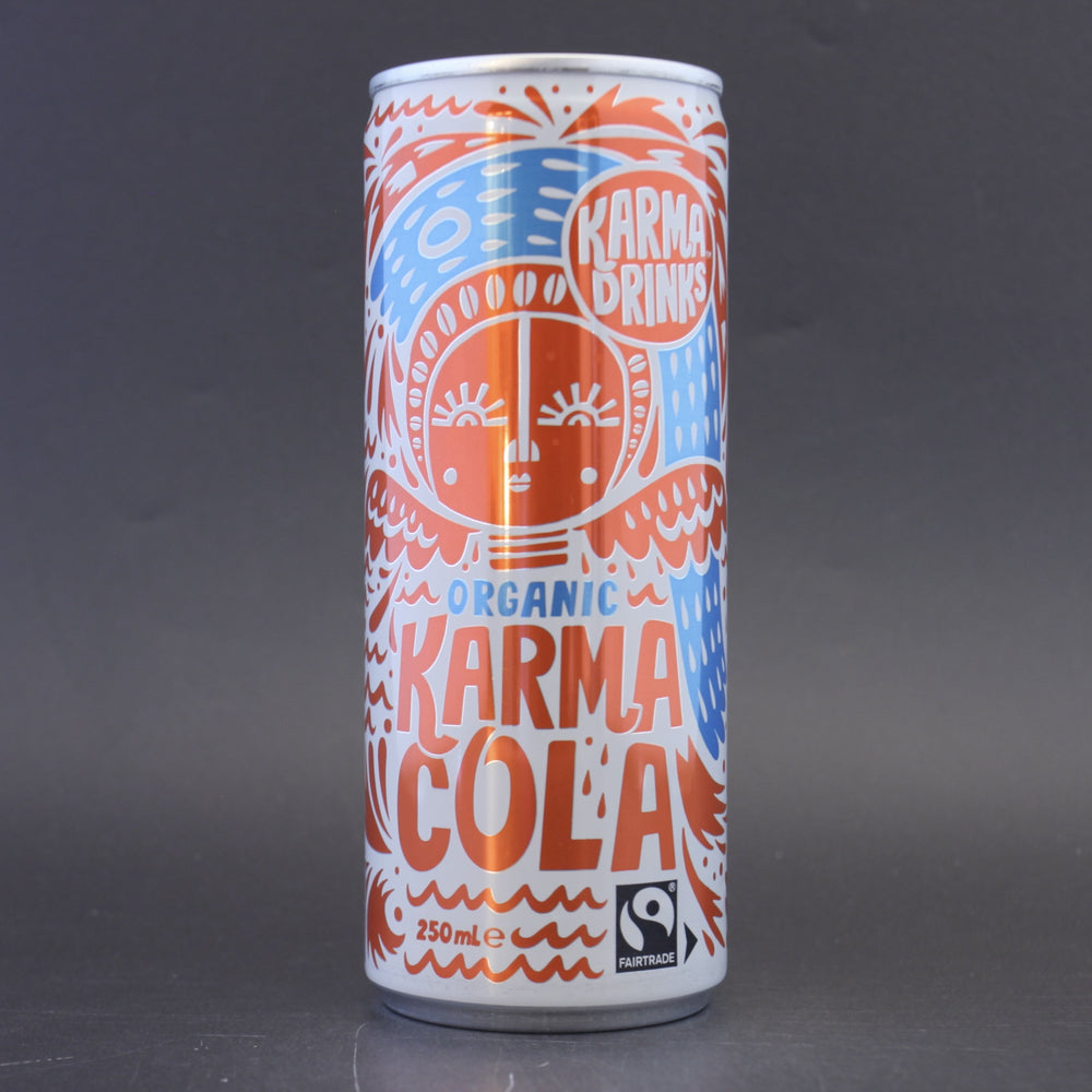 This is a can of Karma - Karma Cola - 0% (250ml). It is a  craft soft drink available to buy from Ghost Whale, voted London's best craft beer shop.