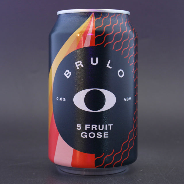 This is a can of Brulo - 5 Fruit Gose - 0% (330ml). It is a Gose craft beer available to buy from Ghost Whale, voted London's best craft beer shop.