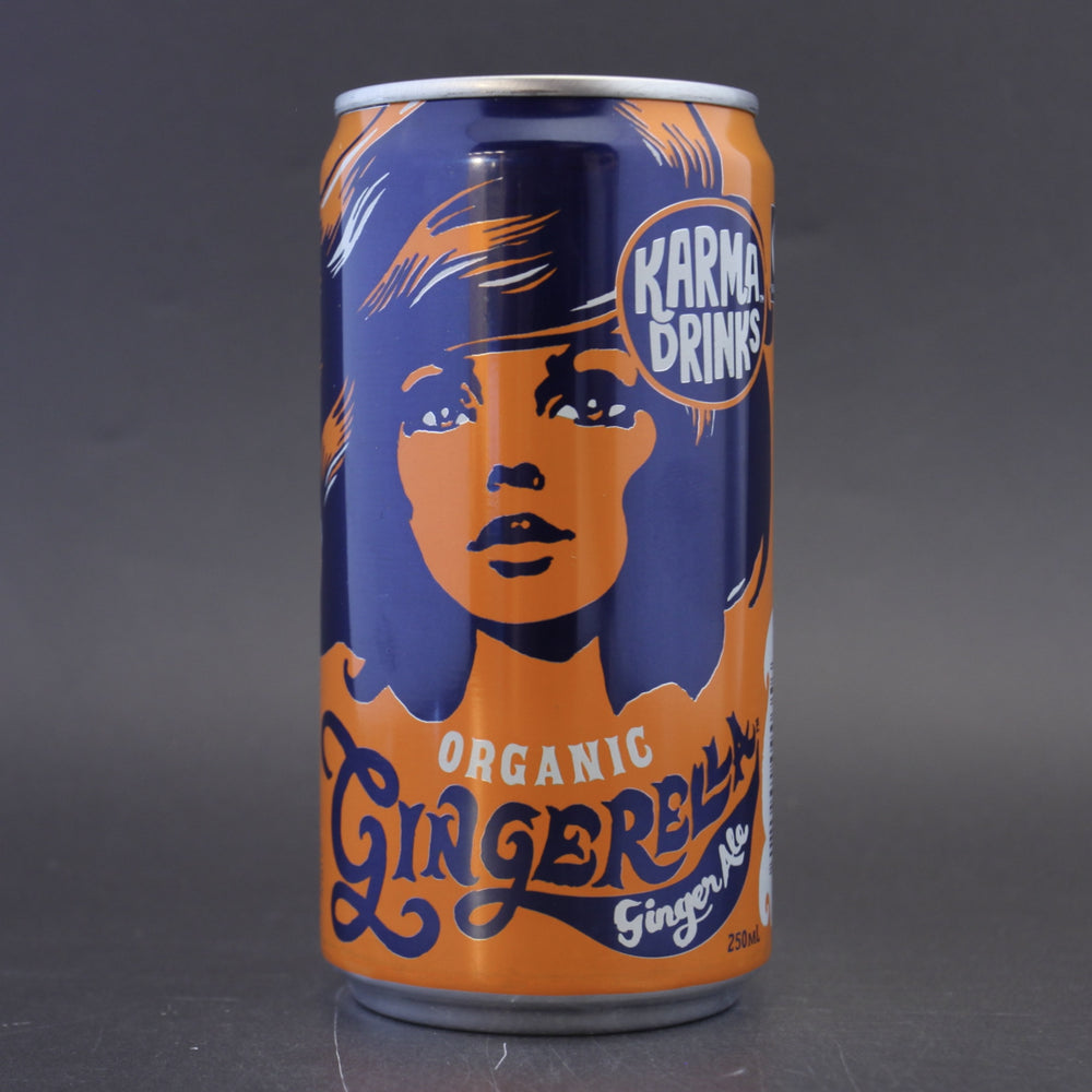This is a can of Karma - Gingerella Ginger Ale - 0% (250ml). It is a  craft soft drink available to buy from Ghost Whale, voted London's best craft beer shop.