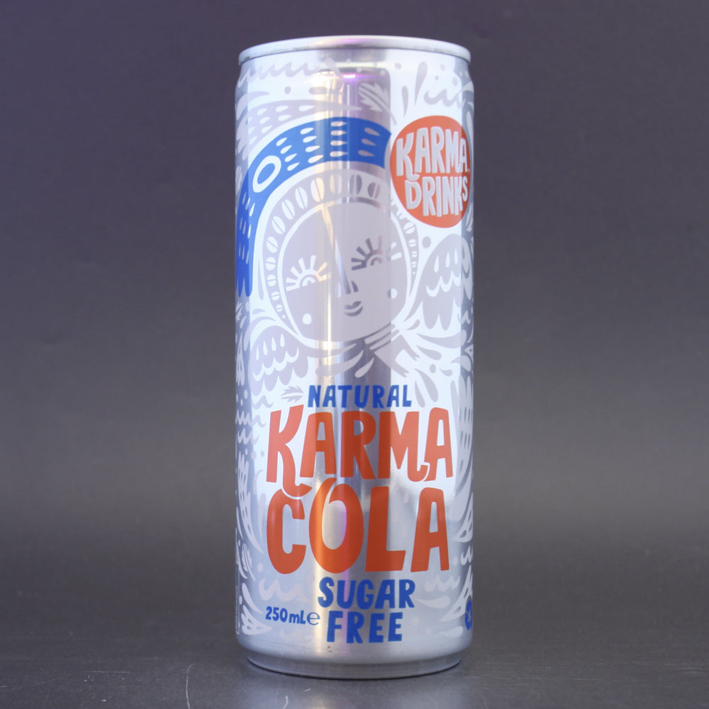 This is a can of Karma - Sugar Free Cola - 0% (250ml). It is a  craft soft drink available to buy from Ghost Whale, voted London's best craft beer shop.