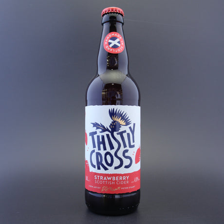 This is a bottle of Thistly Cross - Strawberry - 4% (500ml). It is a  craft cider available to buy from Ghost Whale, voted London's best craft beer shop.