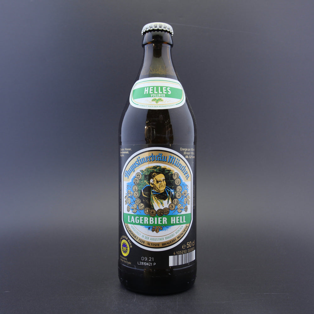 This is a bottle of Augustiner - Lagerbier Hell - 5.2% (500ml). It is a Lager / Pilsner / Kölsch craft beer available to buy from Ghost Whale, voted London's best craft beer shop.