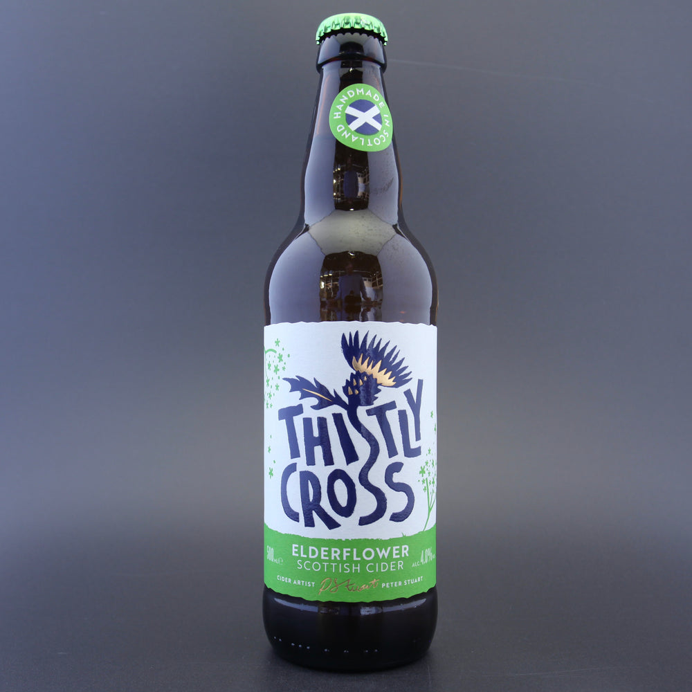 This is a bottle of Thistly Cross - Elderflower Cider - 4% (500ml). It is a  craft cider available to buy from Ghost Whale, voted London's best craft beer shop.