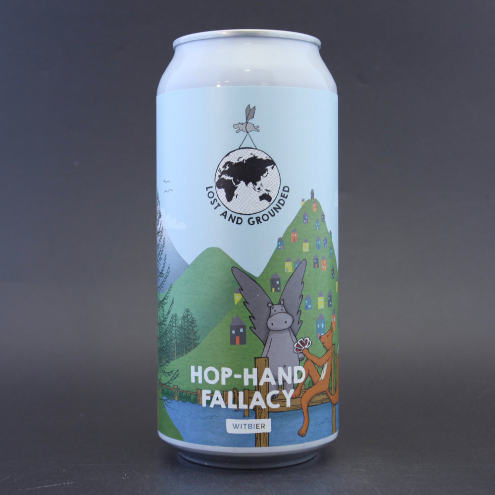 This is a can of Lost and Grounded - Hop Hand Fallacy - 4.4% (440ml). It is a Wit / Wheat craft beer available to buy from Ghost Whale, voted London's best craft beer shop.