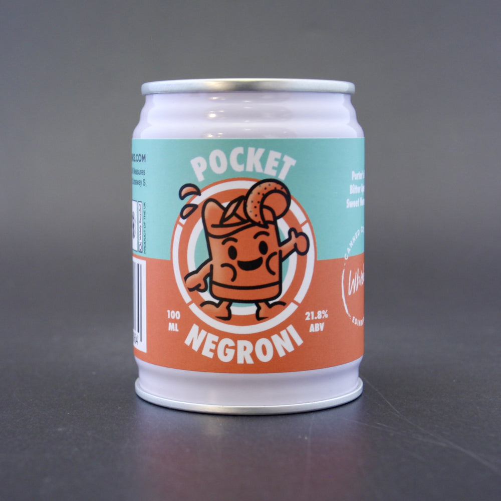 This is a can of Whitebox - Pocket Negroni - 21.8% (100ml). It is a  craft cocktail available to buy from Ghost Whale, voted London's best craft beer shop.