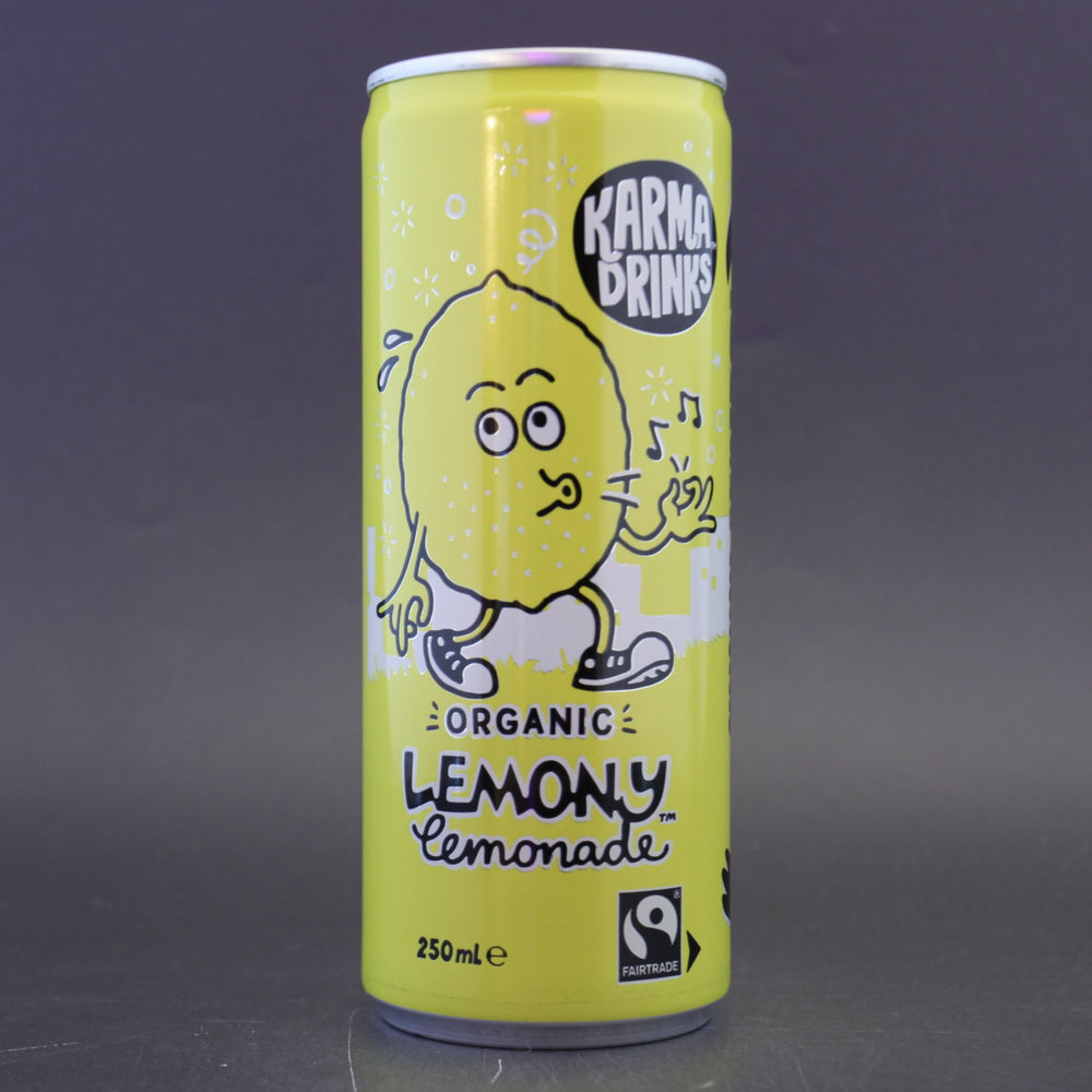 This is a can of Karma - Lemony Lemonade - 0% (250ml). It is a  craft soft drink available to buy from Ghost Whale, voted London's best craft beer shop.
