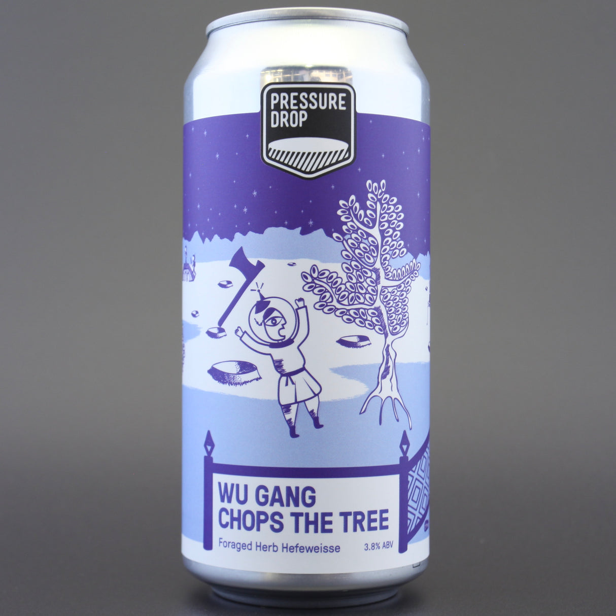 This is a can of Pressure Drop - Wu Gang Chops The Tree - 3.8% (440ml). It is a Wit / Wheat craft beer available to buy from Ghost Whale, voted London's best craft beer shop.