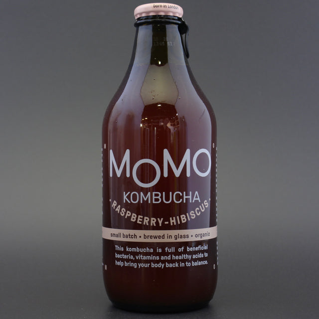 This is a bottle of Momo - Raspberry-Hibiscus Kombucha - 0% (330ml). It is a  craft soft drink available to buy from Ghost Whale, voted London's best craft beer shop.