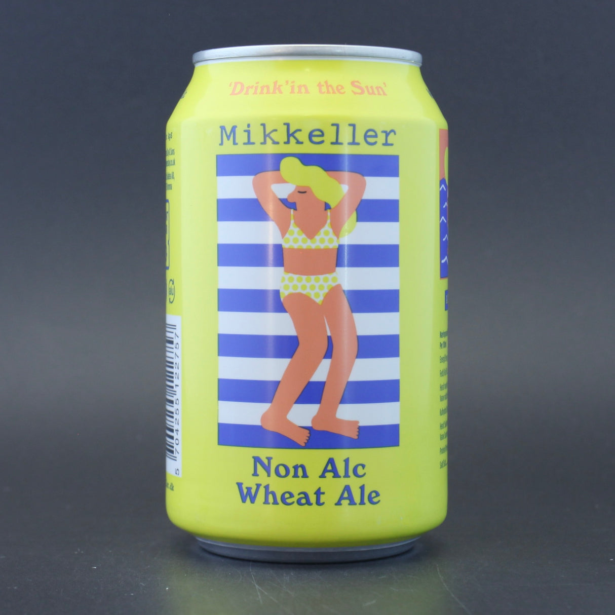 This is a can of Mikkeller - Drinkin In The Sun - 0.3% (330ml). It is a Wit / Wheat craft beer available to buy from Ghost Whale, voted London's best craft beer shop.