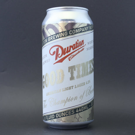 This is a can of Duration - Good Times - 4.2% (440ml). It is a Lager / Pilsner / Kölsch craft beer available to buy from Ghost Whale, voted London's best craft beer shop.
