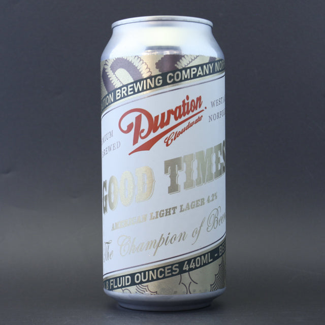 This is a can of Duration - Good Times - 4.2% (440ml). It is a Lager / Pilsner / Kölsch craft beer available to buy from Ghost Whale, voted London's best craft beer shop.