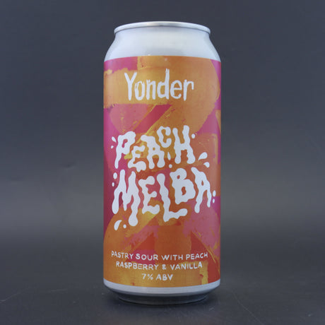 This is a can of Yonder - Peach Melba - 5% (440ml). It is a Sour craft beer available to buy from Ghost Whale, voted London's best craft beer shop.
