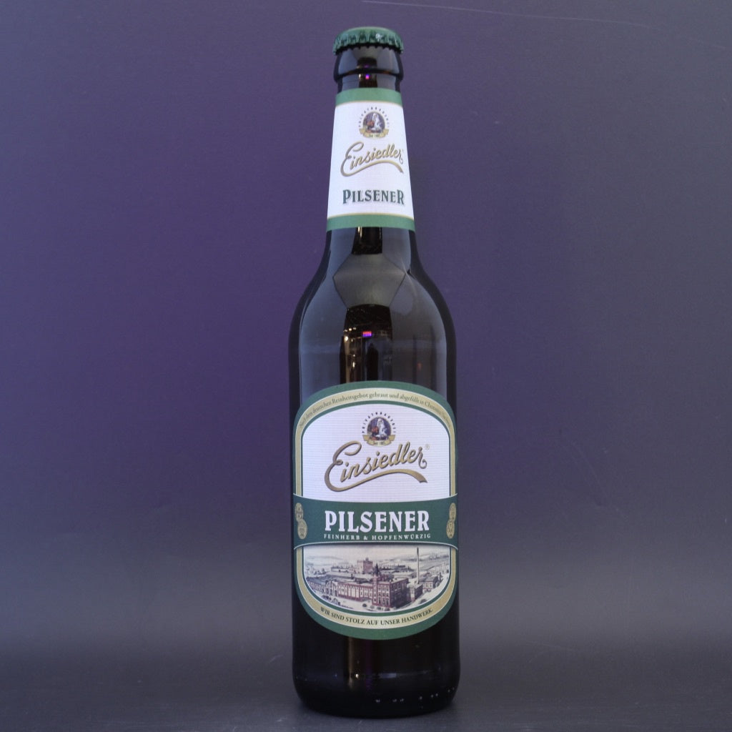 This is a bottle of Einsiedler - Pilsener - 4.9% (500ml). It is a Lager / Pilsner / Kölsch craft beer available to buy from Ghost Whale, voted London's best craft beer shop.