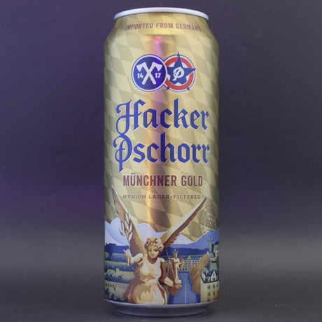 This is a can of Hacker Pschorr - Munchener Gold [can] - 5.5% (500ml). It is a Lager / Pilsner / Kölsch craft beer available to buy from Ghost Whale, voted London's best craft beer shop.