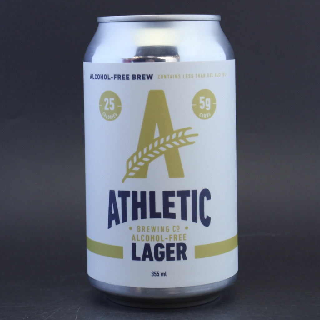 This is a can of Athletic - Lager - 0% (355ml). It is a Lager / Pilsner / Kölsch craft beer available to buy from Ghost Whale, voted London's best craft beer shop.