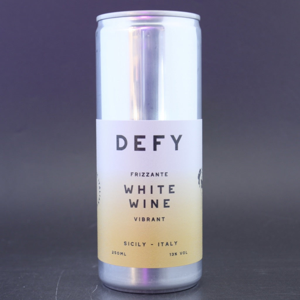 This is a can of DEFY - Frizzante - 13% (250ml). It is a  craft wine available to buy from Ghost Whale, voted London's best craft beer shop.